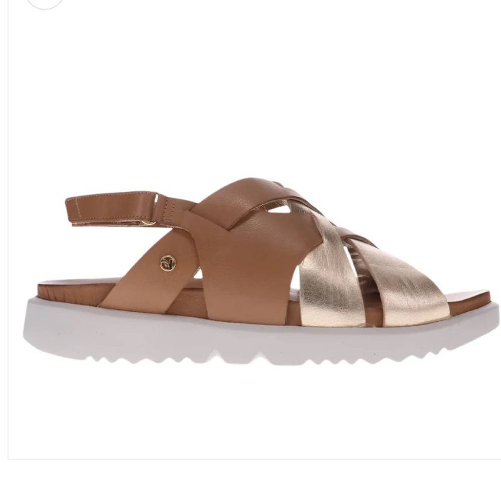 Revere Women's Bermuda Comfort Premium Leather Sandal Tan‎ / Gold NIB 11W